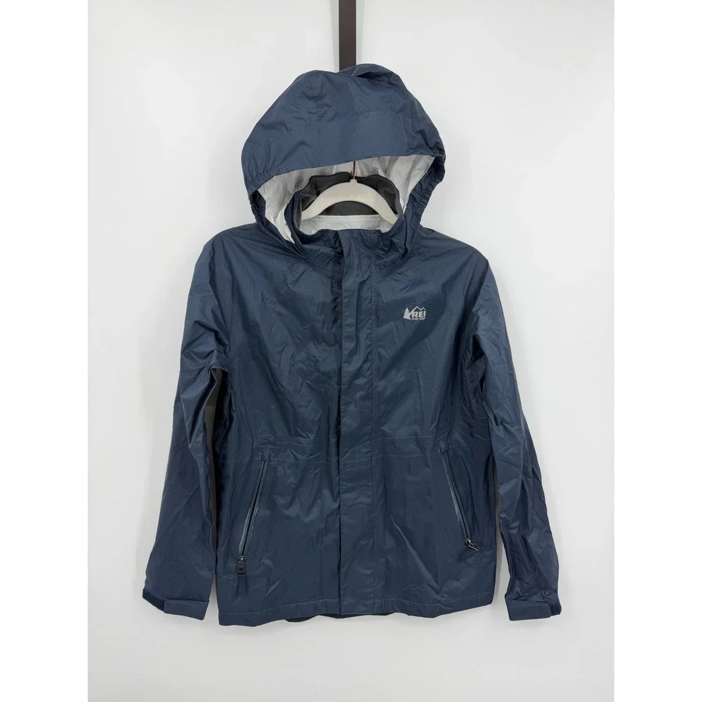 REI Co-op Rainwall Rain Jacket Kids Large 14-16 Navy Blue Waterproof Hooded